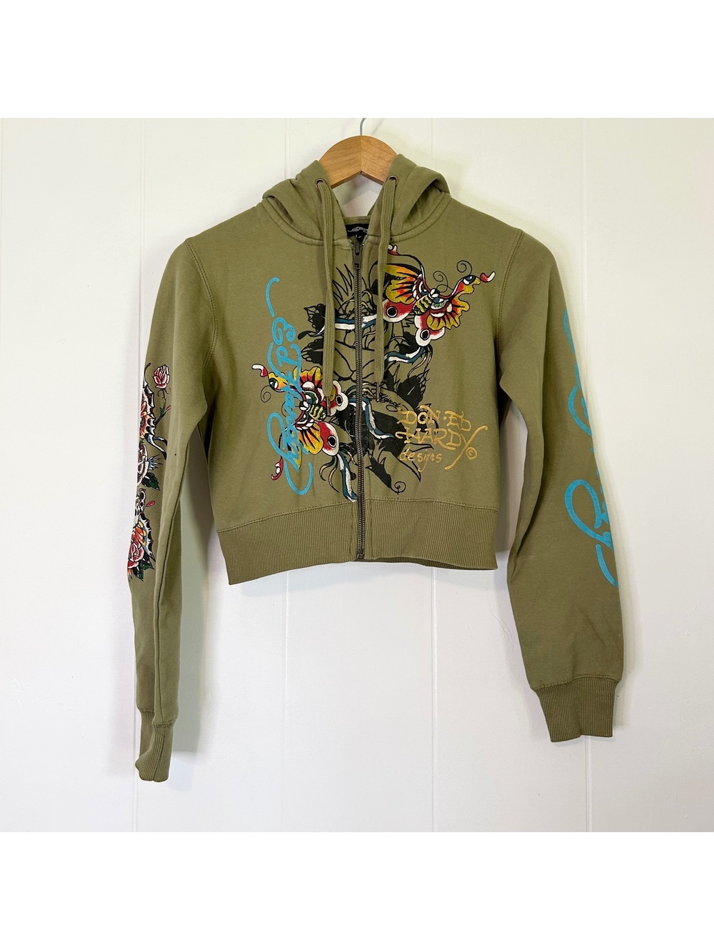 Ed Hardy Olive Green Floral Tattoo Zip Up Hooded Cropped Jacket Women's Medium